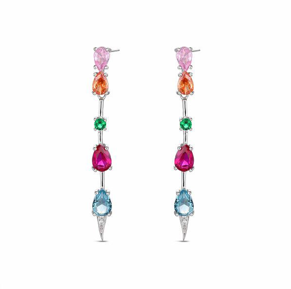 Rhodium Plated Silver and Coloured Stones Earrings